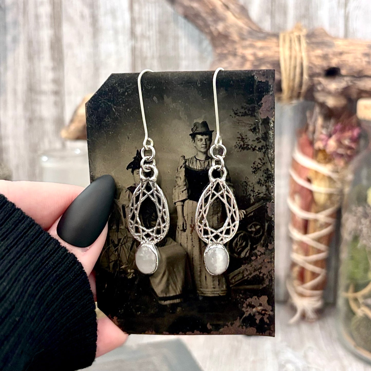 Rose Quartz Fine Silver Crystal Dangle Earrings / Long Dangle Witchy Earrings