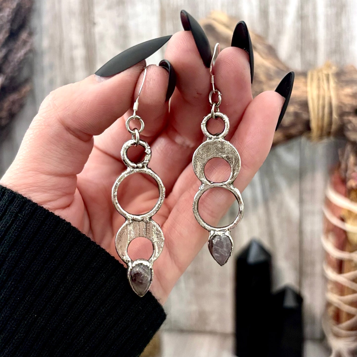 Amethyst Fine Silver Crystal Dangle Earrings / Long Dangle Witchy Earrings