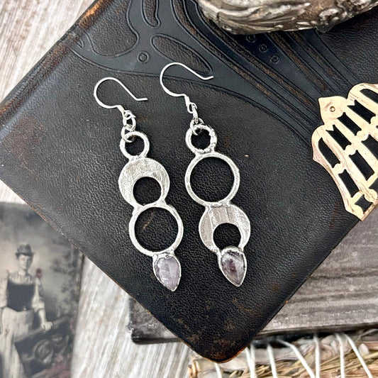 Amethyst Fine Silver Crystal Dangle Earrings / Long Dangle Witchy Earrings