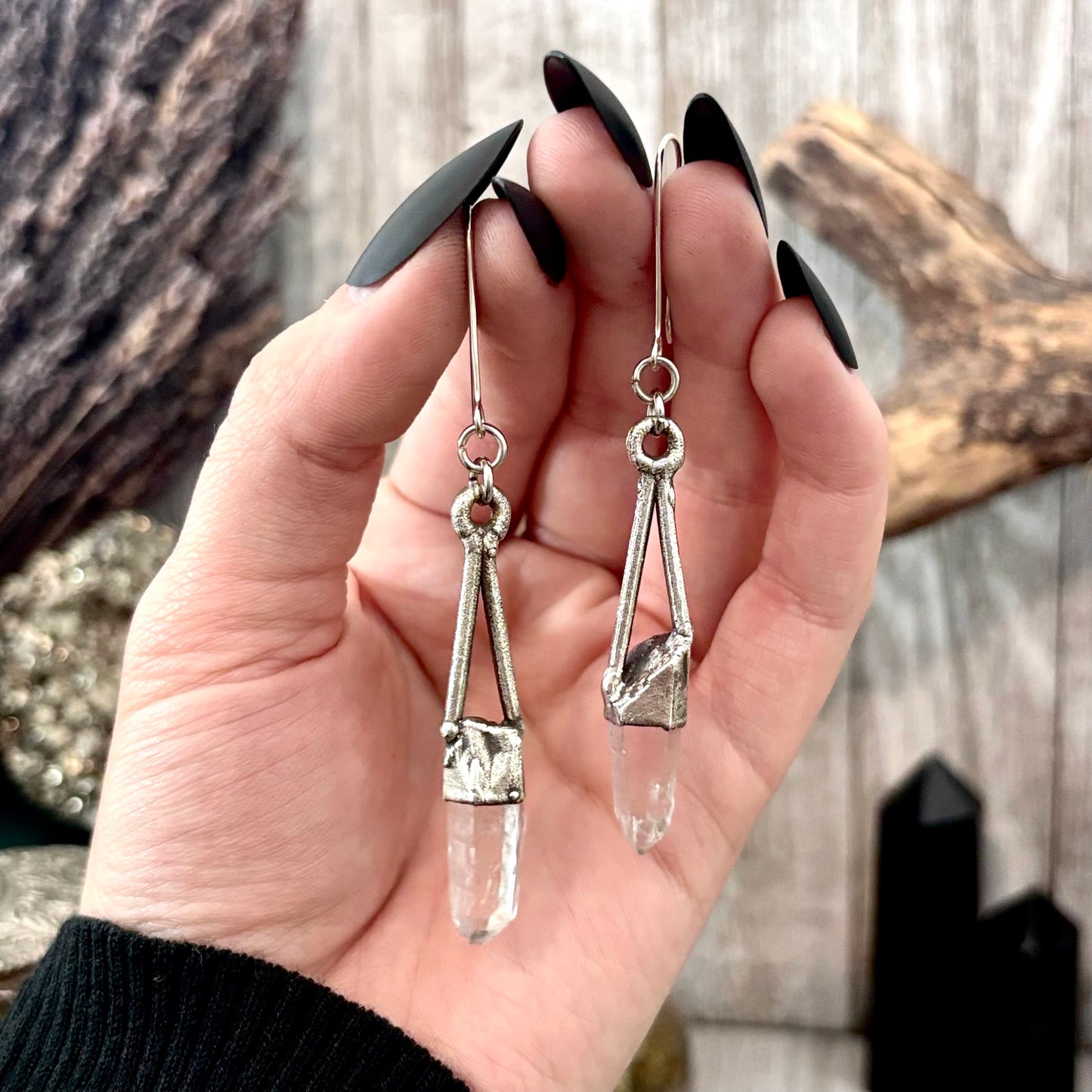 Raw Clear Quartz Fine Silver Crystal Dangle Earrings / Long Dangle Witchy Earrings
