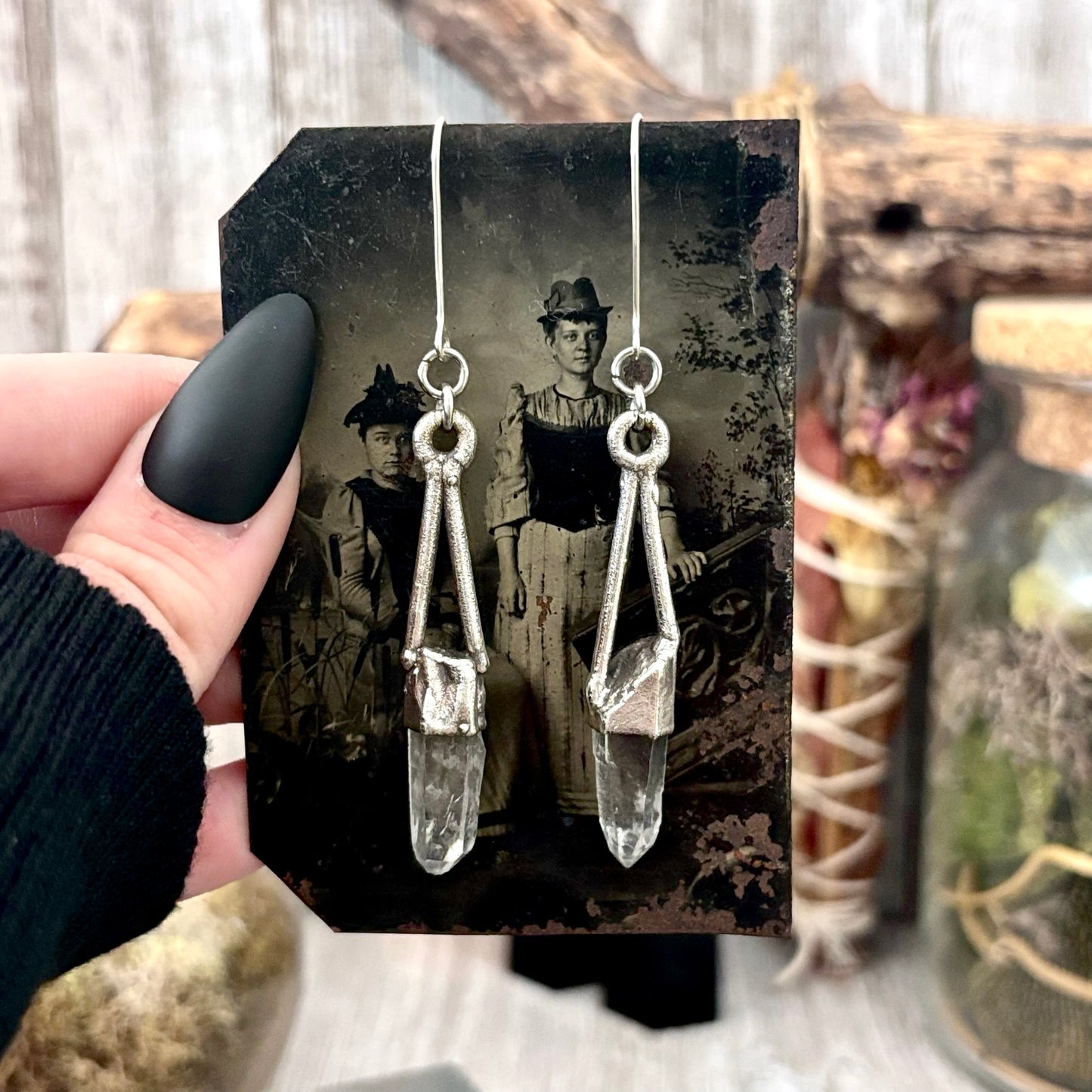 Raw Clear Quartz Fine Silver Crystal Dangle Earrings / Long Dangle Witchy Earrings