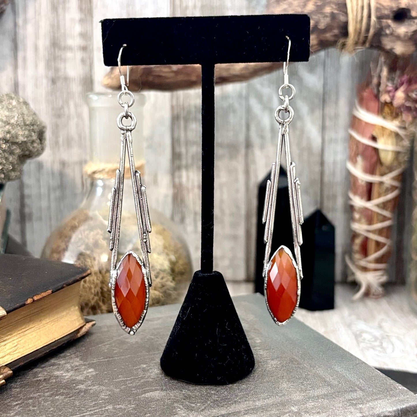 Carnelian Fine Silver Crystal Dangle Earrings / Long Dangle Witchy Earrings