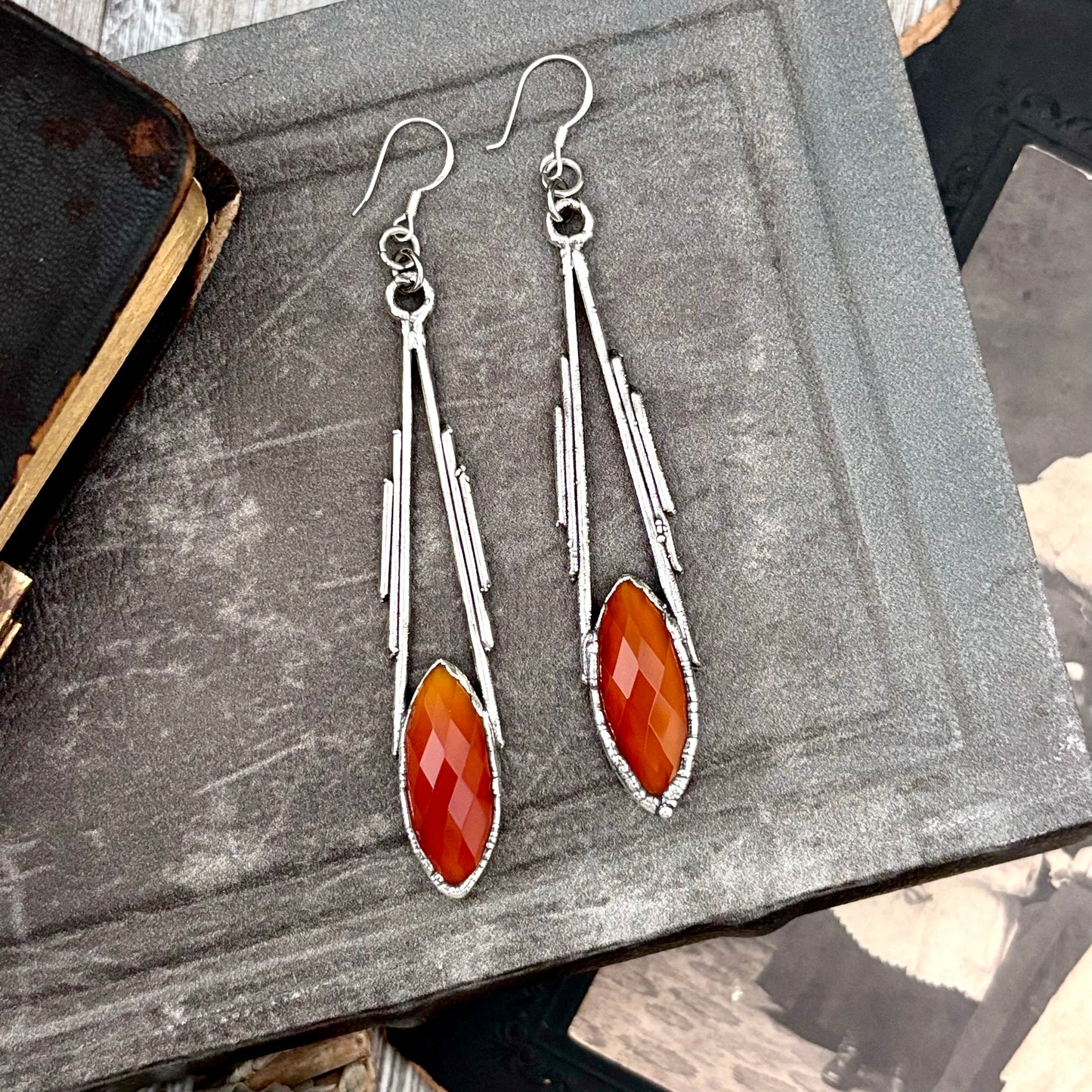 Carnelian Fine Silver Crystal Dangle Earrings / Long Dangle Witchy Earrings