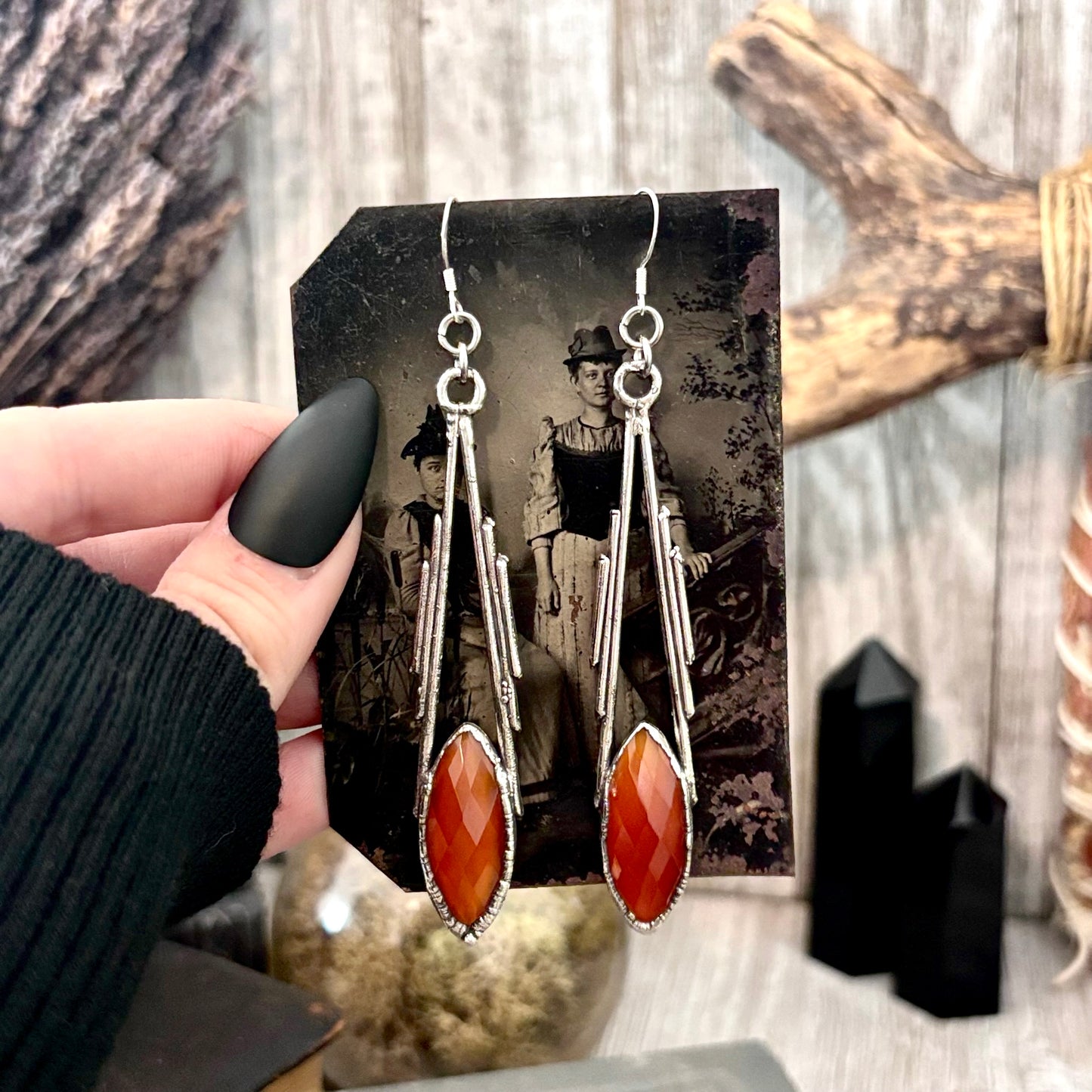 Carnelian Fine Silver Crystal Dangle Earrings / Long Dangle Witchy Earrings