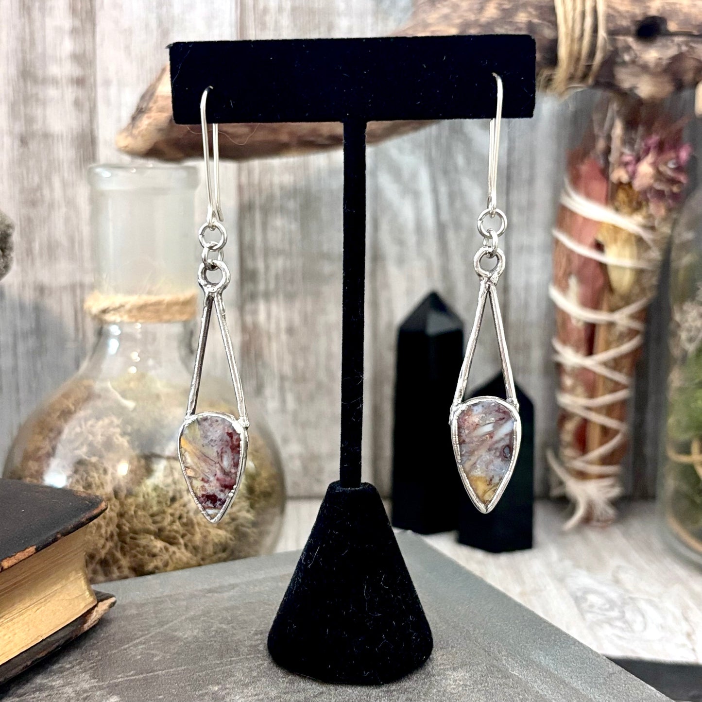 Jasper Fine Silver Crystal Dangle Earrings / Long Dangle Witchy Earrings