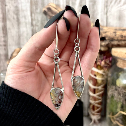 Jasper Fine Silver Crystal Dangle Earrings / Long Dangle Witchy Earrings