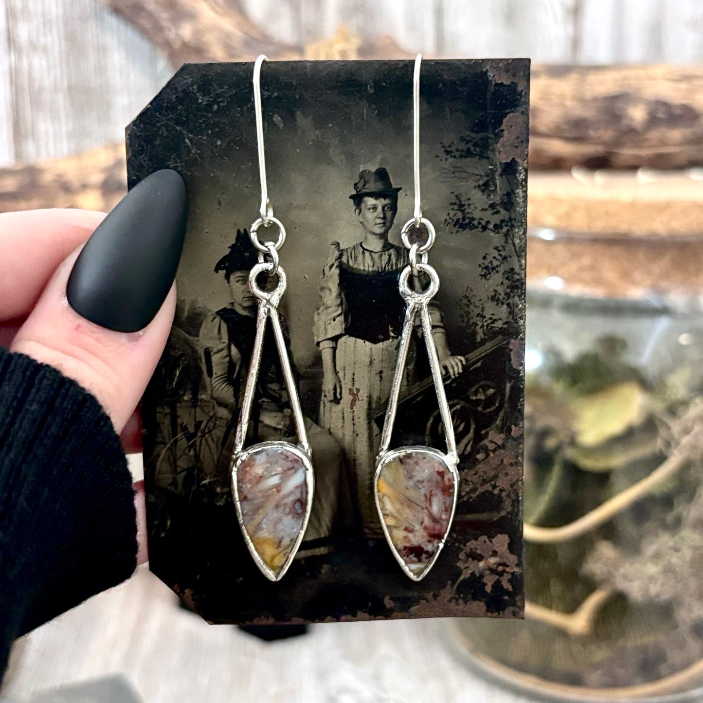 Jasper Fine Silver Crystal Dangle Earrings / Long Dangle Witchy Earrings