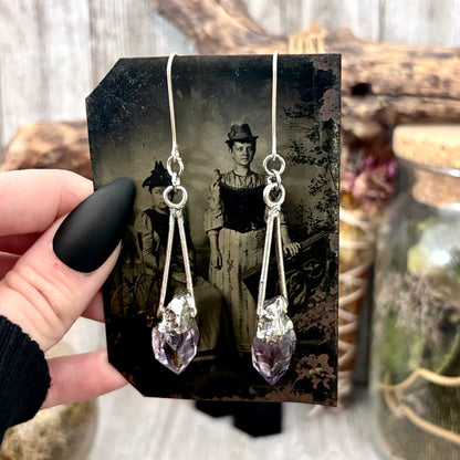 Raw Amethyst Fine Silver Crystal Dangle Earrings / Long Dangle Witchy Earrings