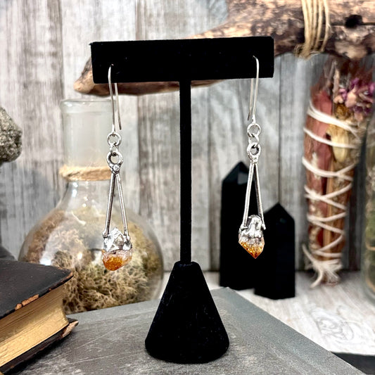 Raw Citrine Fine Silver Crystal Dangle Earrings / Long Dangle Witchy Earrings