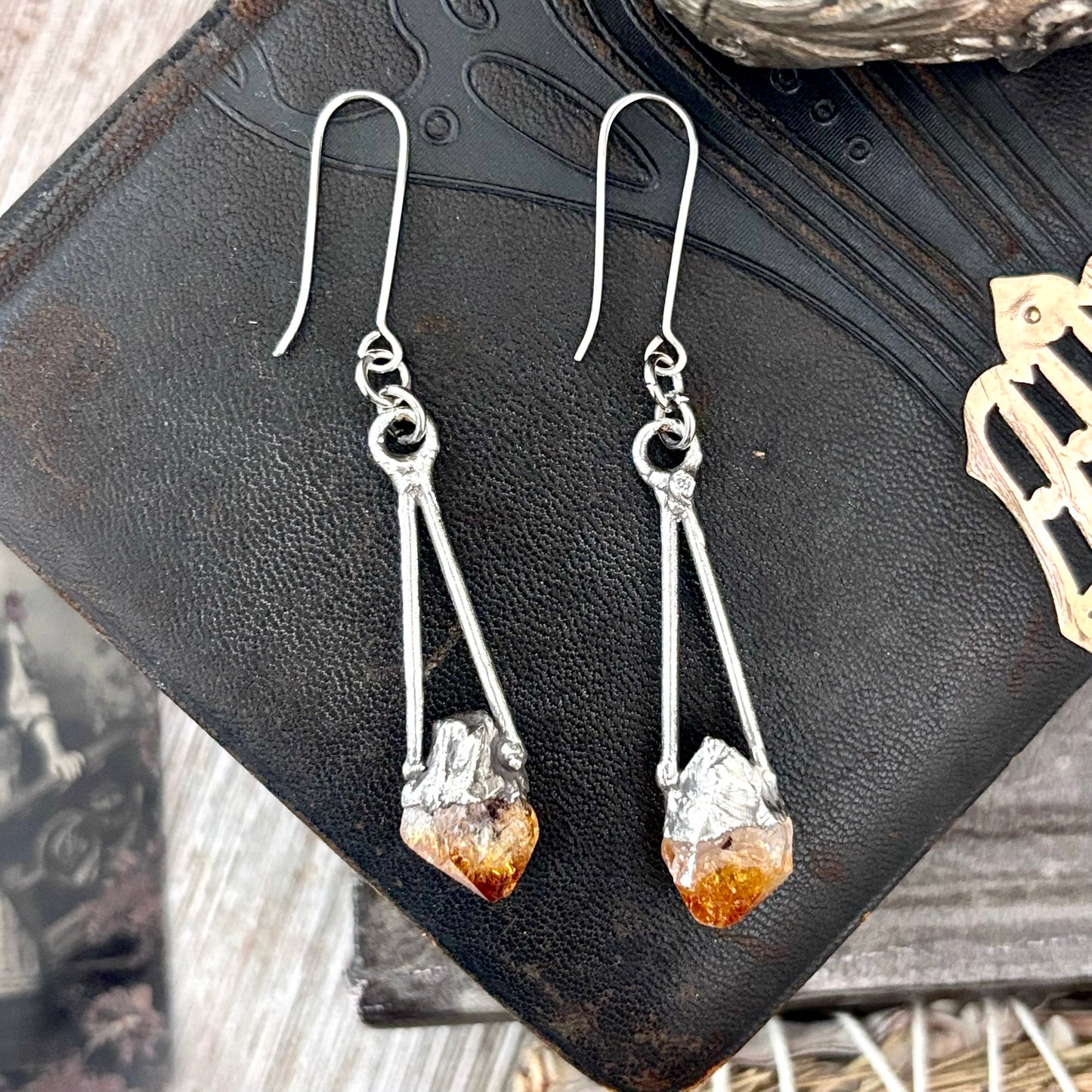 Raw Citrine Fine Silver Crystal Dangle Earrings / Long Dangle Witchy Earrings