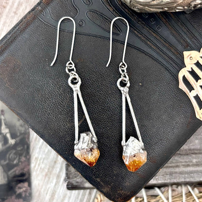 Raw Citrine Fine Silver Crystal Dangle Earrings / Long Dangle Witchy Earrings