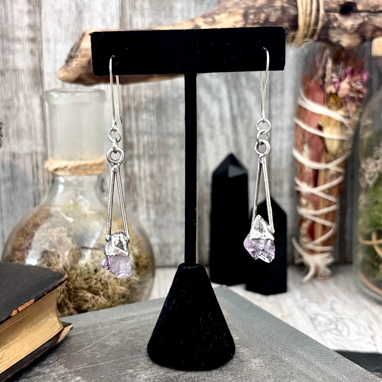 Raw Amethyst Fine Silver Crystal Dangle Earrings / Long Dangle Witchy Earrings