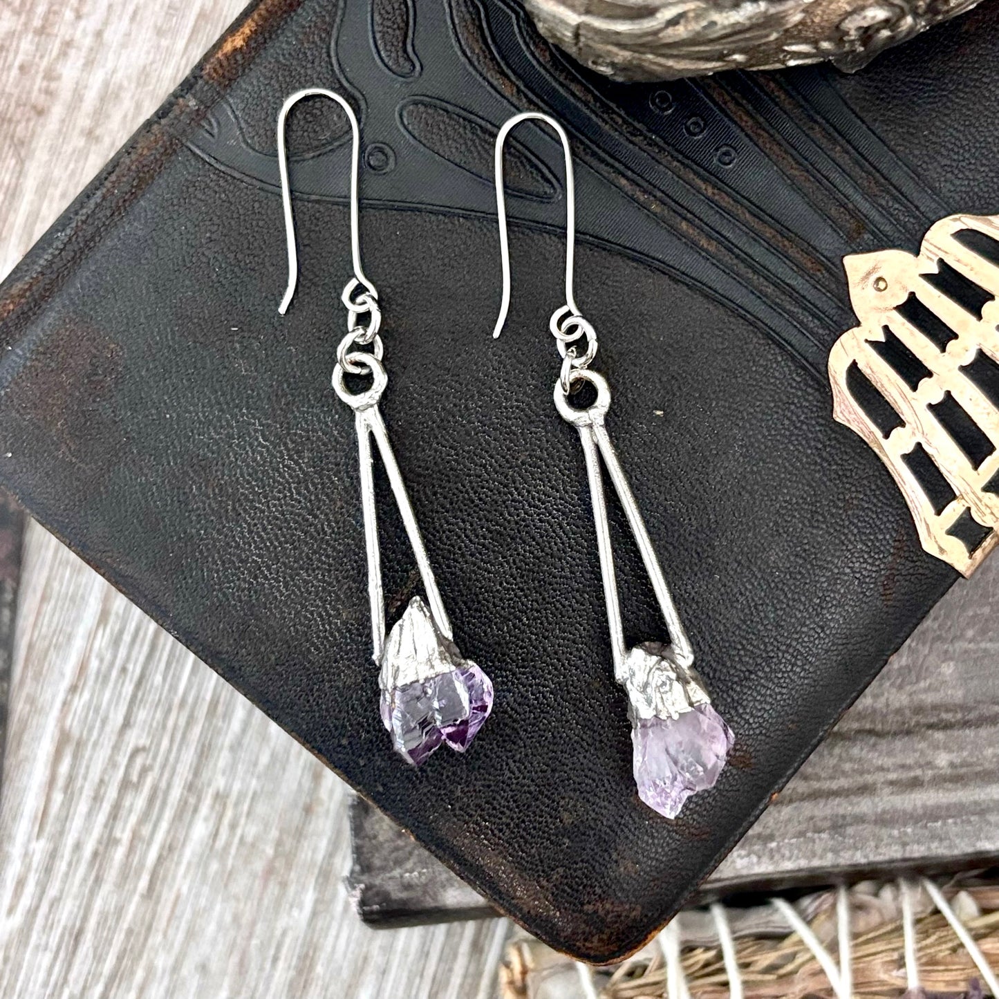 Raw Amethyst Fine Silver Crystal Dangle Earrings / Long Dangle Witchy Earrings