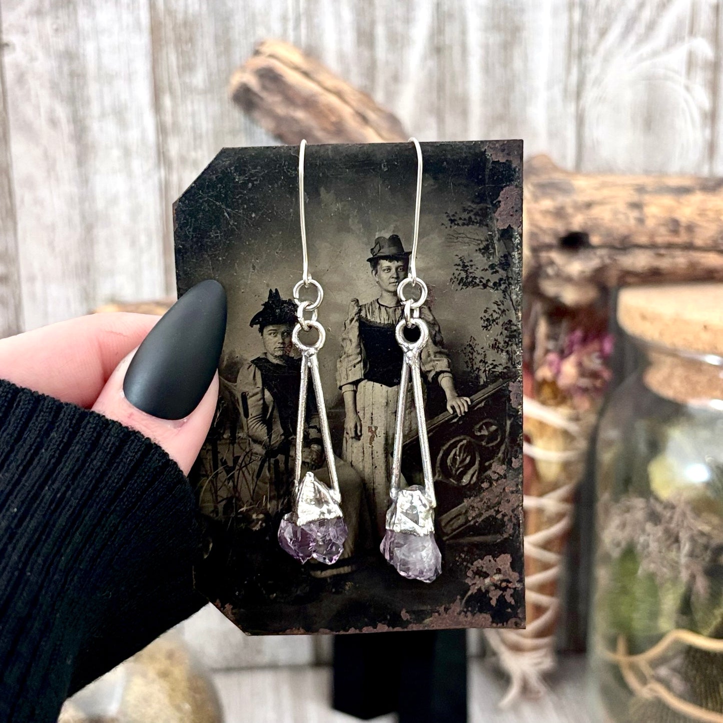Raw Amethyst Fine Silver Crystal Dangle Earrings / Long Dangle Witchy Earrings