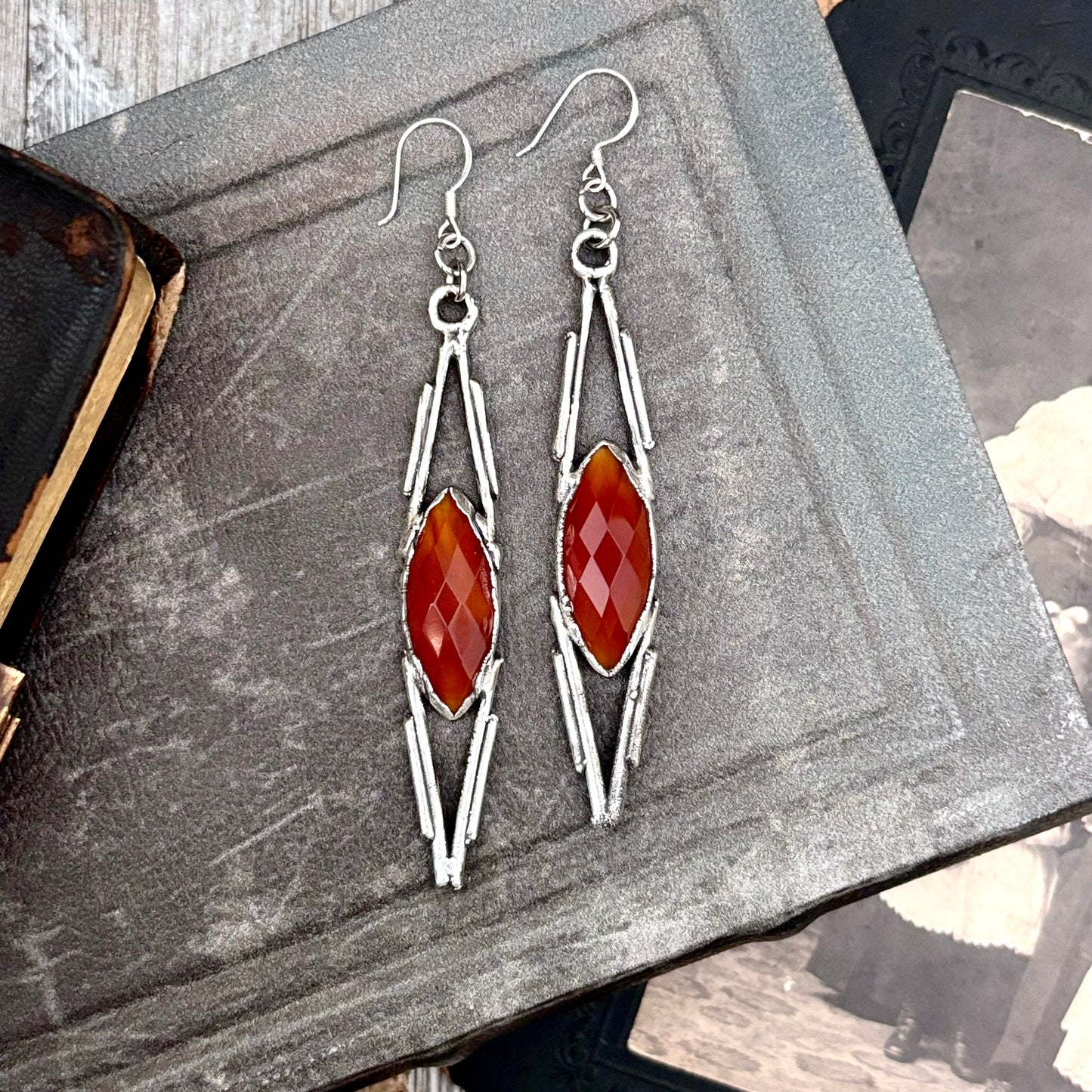 Carnelian Fine Silver Crystal Dangle Earrings / Long Dangle Witchy Earrings