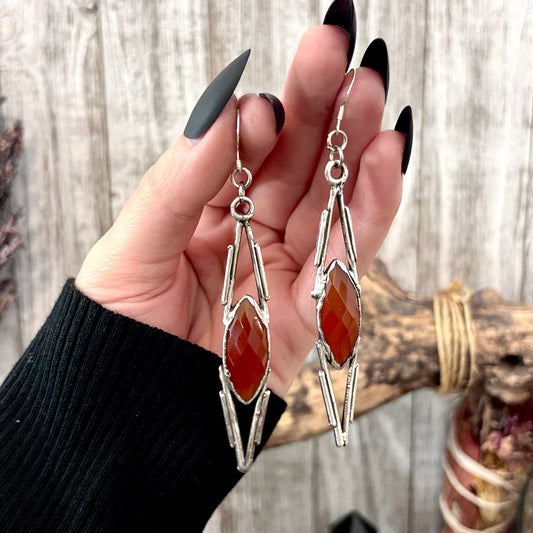Carnelian Fine Silver Crystal Dangle Earrings / Long Dangle Witchy Earrings