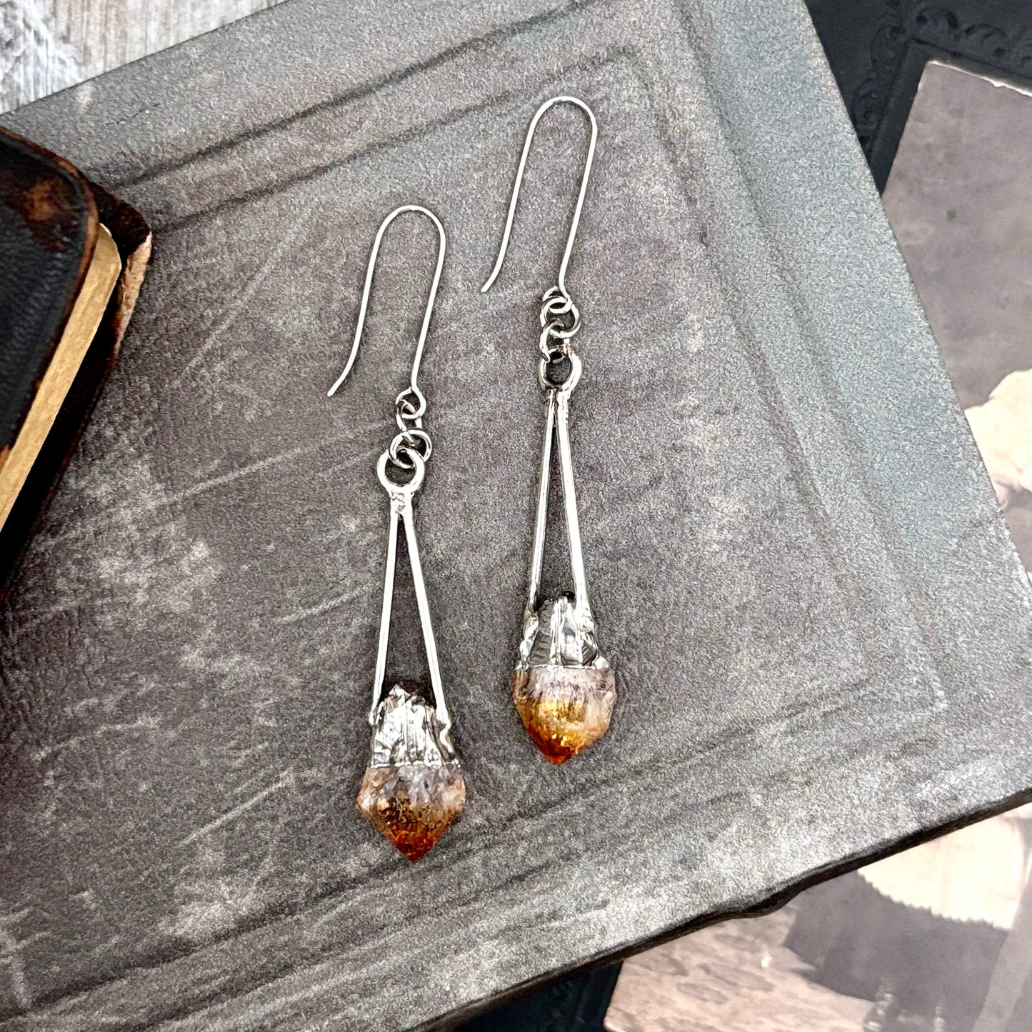 Raw Citrine Fine Silver Crystal Dangle Earrings / Long Dangle Witchy Earrings