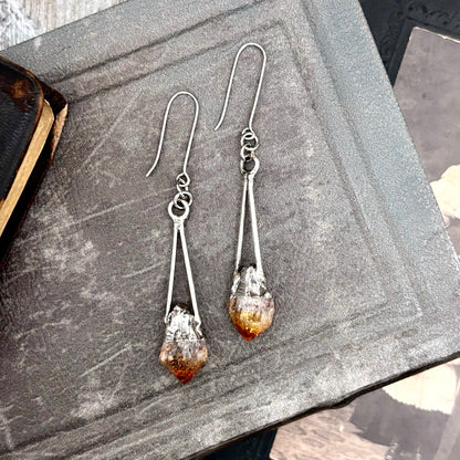 Raw Citrine Fine Silver Crystal Dangle Earrings / Long Dangle Witchy Earrings