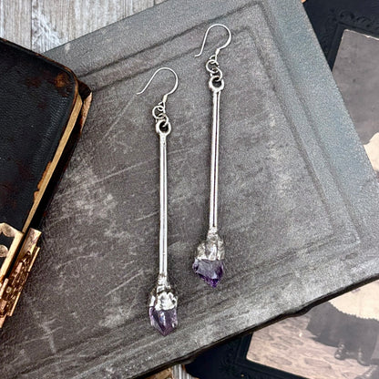 Raw Amethyst Fine Silver Crystal Dangle Earrings / Long Dangle Witchy Earrings