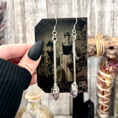 Raw Amethyst Fine Silver Crystal Dangle Earrings / Long Dangle Witchy Earrings