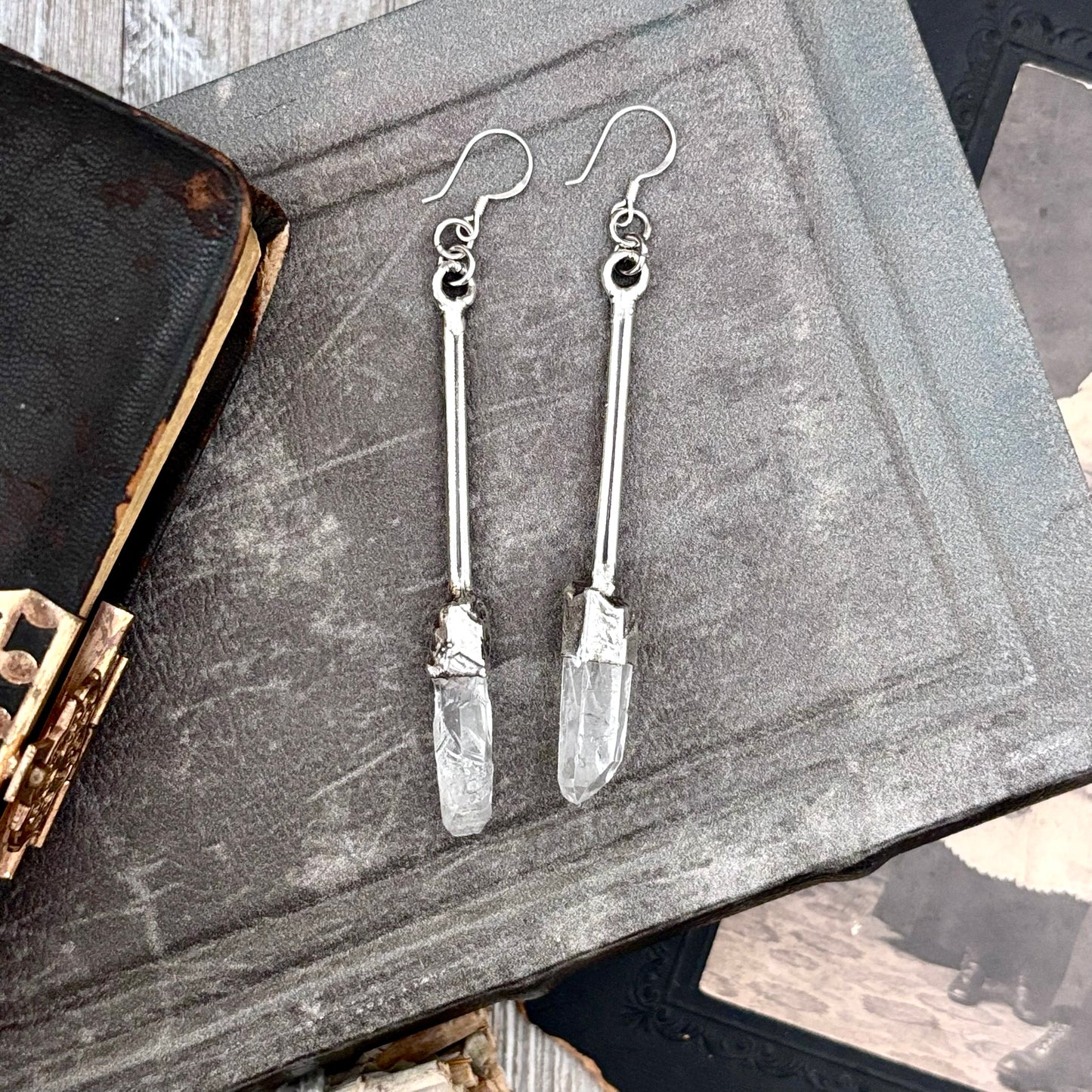 Raw Clear Quartz Fine Silver Crystal Dangle Earrings / Long Dangle Witchy Earrings