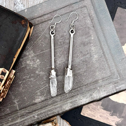 Raw Clear Quartz Fine Silver Crystal Dangle Earrings / Long Dangle Witchy Earrings