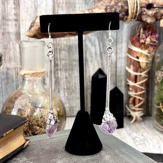 Raw Amethyst Fine Silver Crystal Dangle Earrings / Long Dangle Witchy Earrings