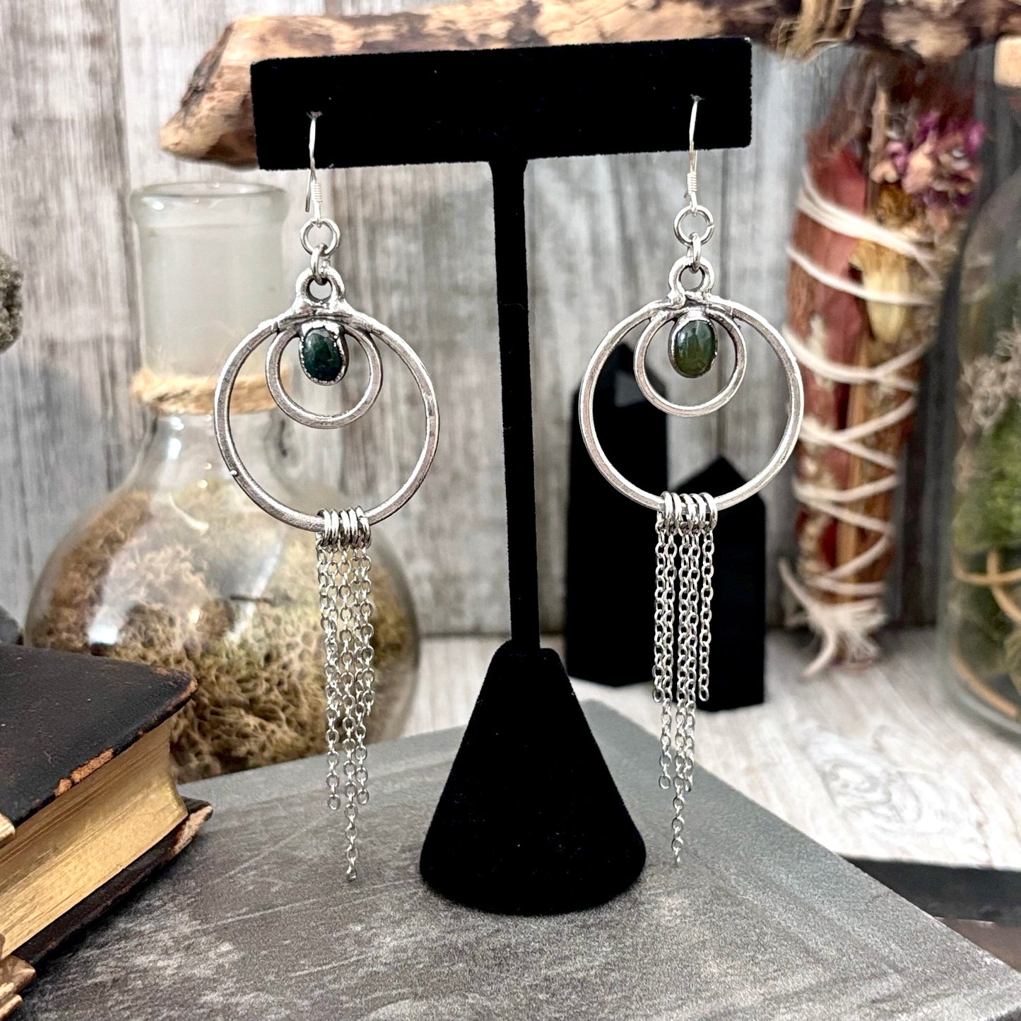 Moss Agate Fine Silver Crystal Hoop Fringe Earrings / Long Dangle Witchy Earrings