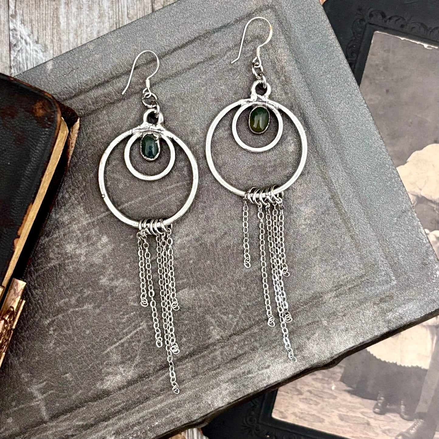 Moss Agate Fine Silver Crystal Hoop Fringe Earrings / Long Dangle Witchy Earrings