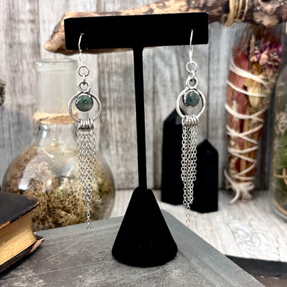 Moss Agate Fine Silver Crystal Hoop Fringe Earrings / Long Dangle Witchy Earrings
