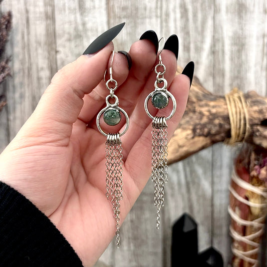 Moss Agate Fine Silver Crystal Hoop Fringe Earrings / Long Dangle Witchy Earrings