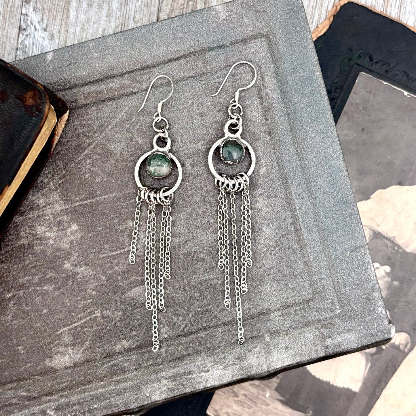 Moss Agate Fine Silver Crystal Hoop Fringe Earrings / Long Dangle Witchy Earrings
