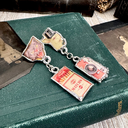 Mismatch Long Fine Silver Earrings - Vintage Cat, Matchbox, Rabbit and Camera / One of a Kind FOXLARK