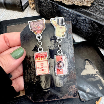 Mismatch Long Fine Silver Earrings - Vintage Cat, Matchbox, Rabbit and Camera / One of a Kind FOXLARK