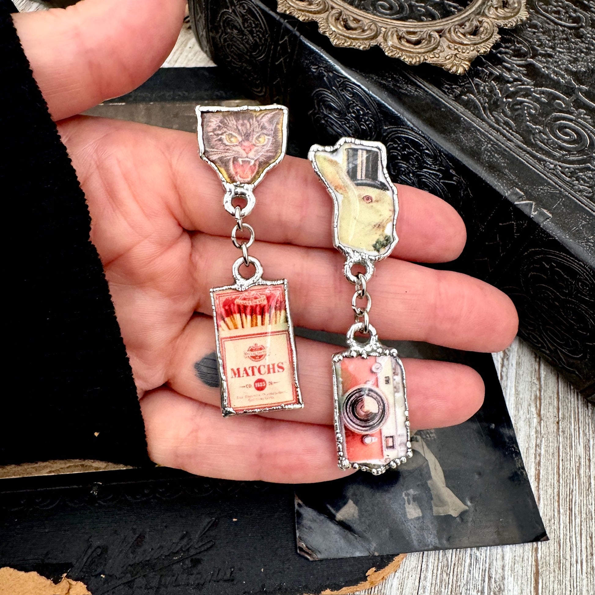 Mismatch Long Fine Silver Earrings - Vintage Cat, Matchbox, Rabbit and Camera / One of a Kind FOXLARK