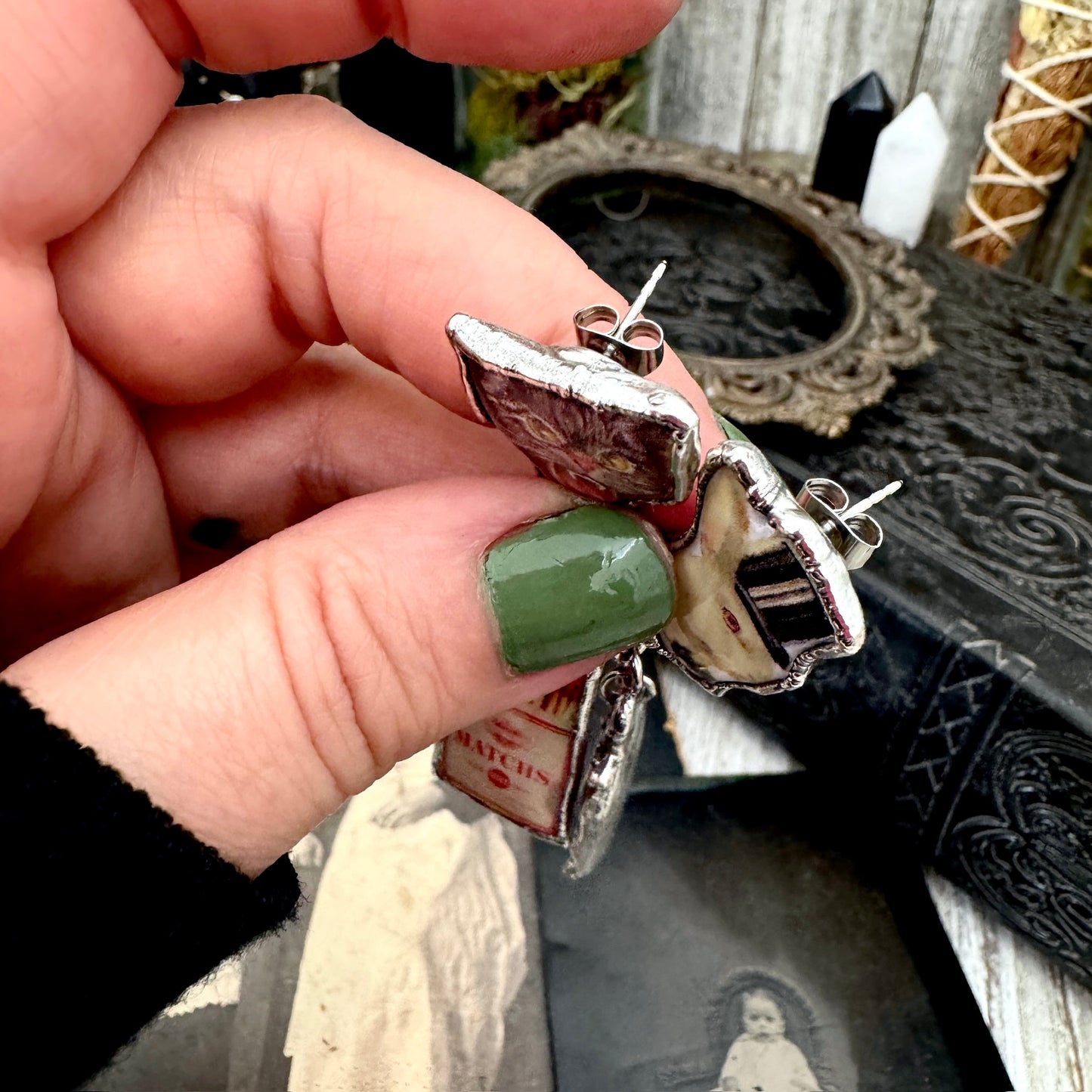 Mismatch Long Fine Silver Earrings - Vintage Cat, Matchbox, Rabbit and Camera / One of a Kind FOXLARK