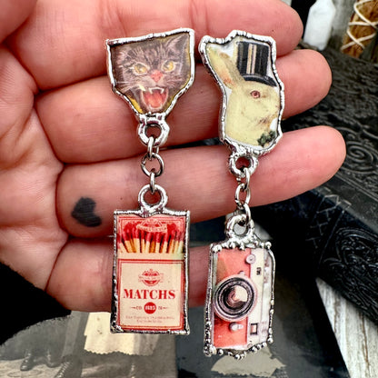 Mismatch Long Fine Silver Earrings - Vintage Cat, Matchbox, Rabbit and Camera / One of a Kind FOXLARK