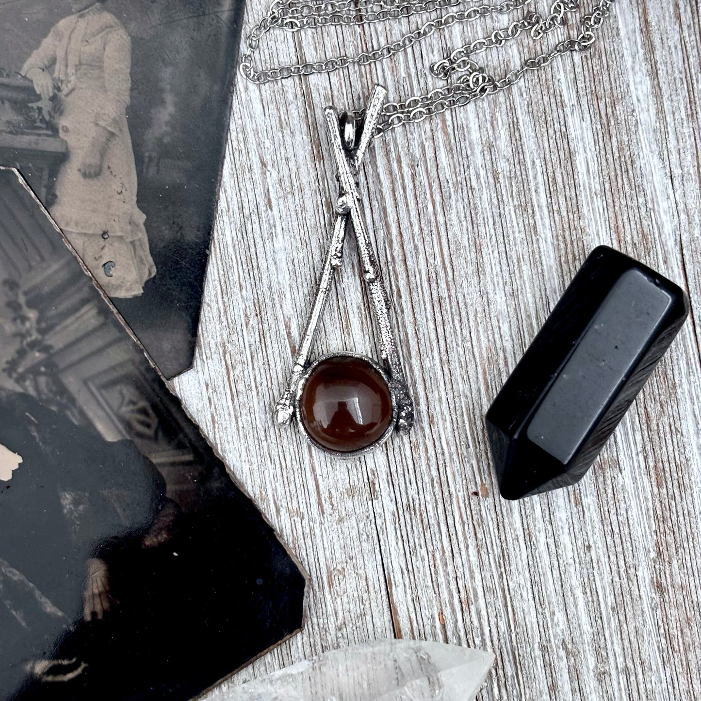 Smoky Quartz Crystal Necklace in Silver /Sticks & Stones Collection