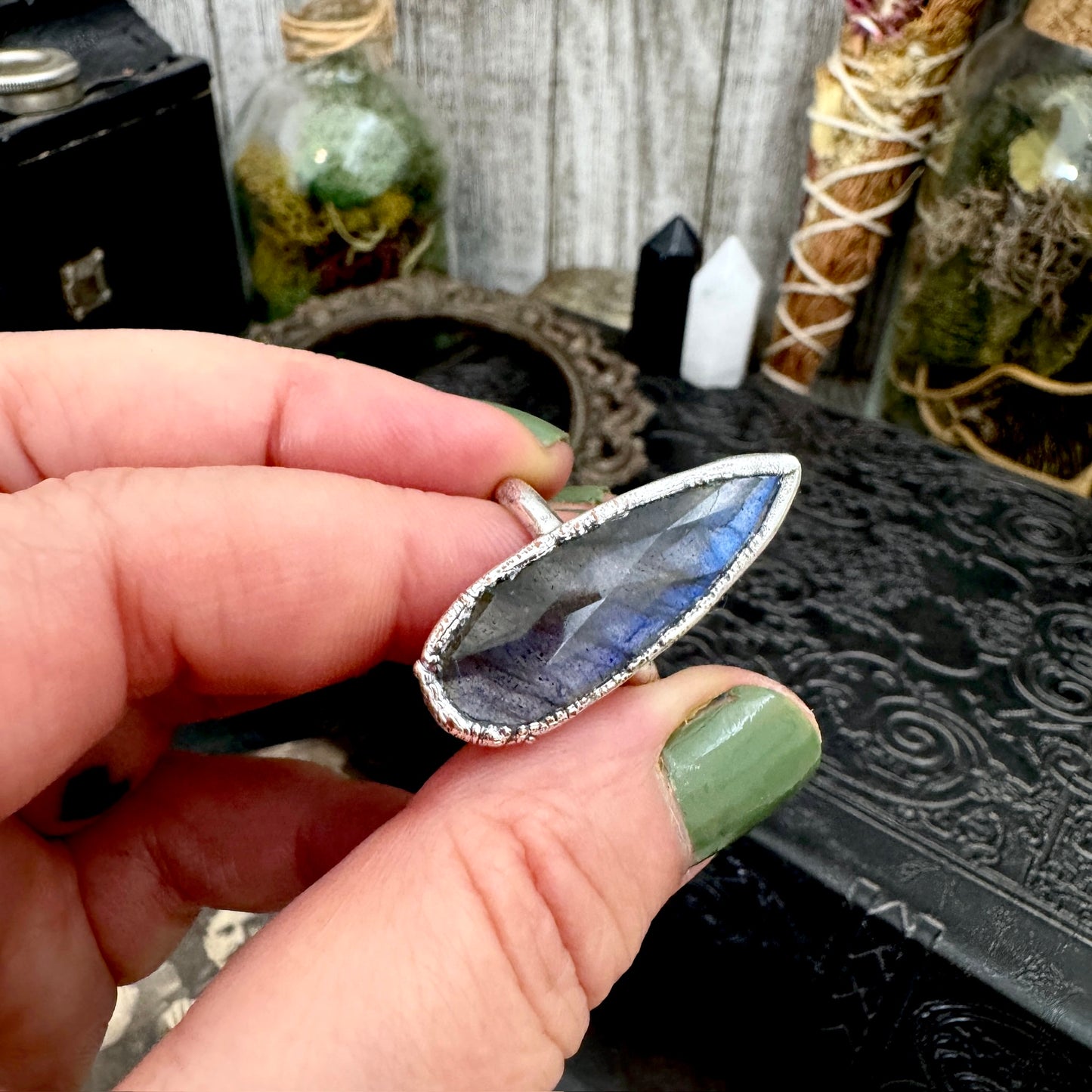 Blue Labradorite Ring Fine Silver Small Faceted Stone Ring Size 5 6 7 8 9 10 11 / Foxlark Collection FOXLARK