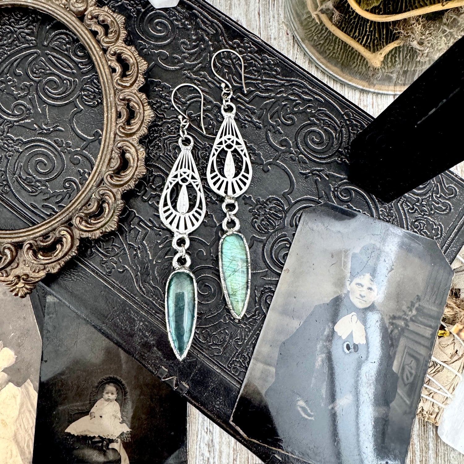 Blue Labradorite Fine Silver Crystal Dangle Earrings / Long Dangle Witchy Earrings FOXLARK