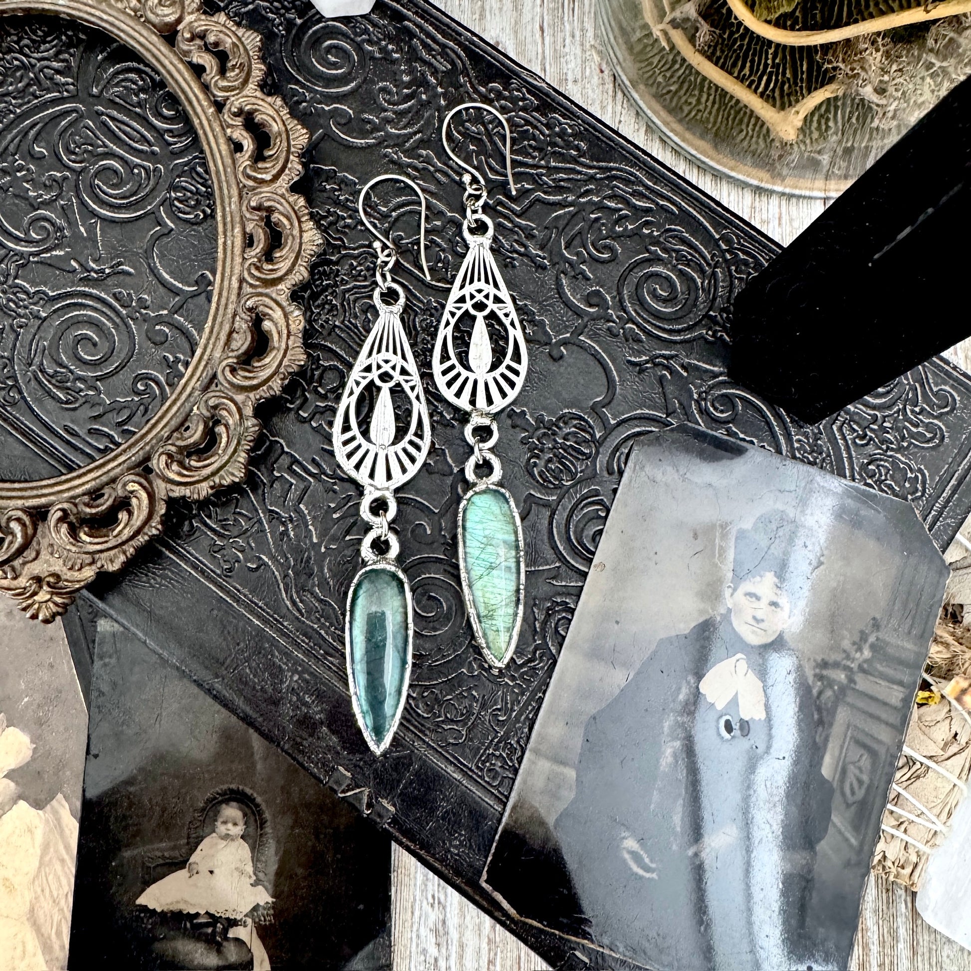 Blue Labradorite Fine Silver Crystal Dangle Earrings / Long Dangle Witchy Earrings FOXLARK