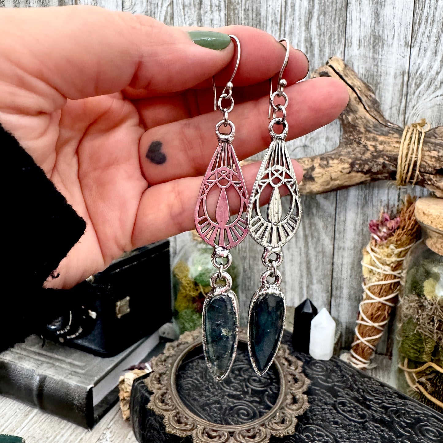 Blue Labradorite Fine Silver Crystal Dangle Earrings / Long Dangle Witchy Earrings FOXLARK