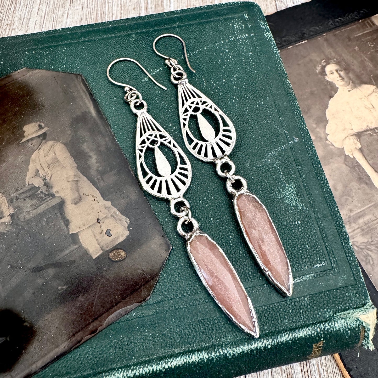 Peach Moonstone Fine Silver Crystal Dangle Earrings / Long Dangle Witchy Earrings FOXLARK