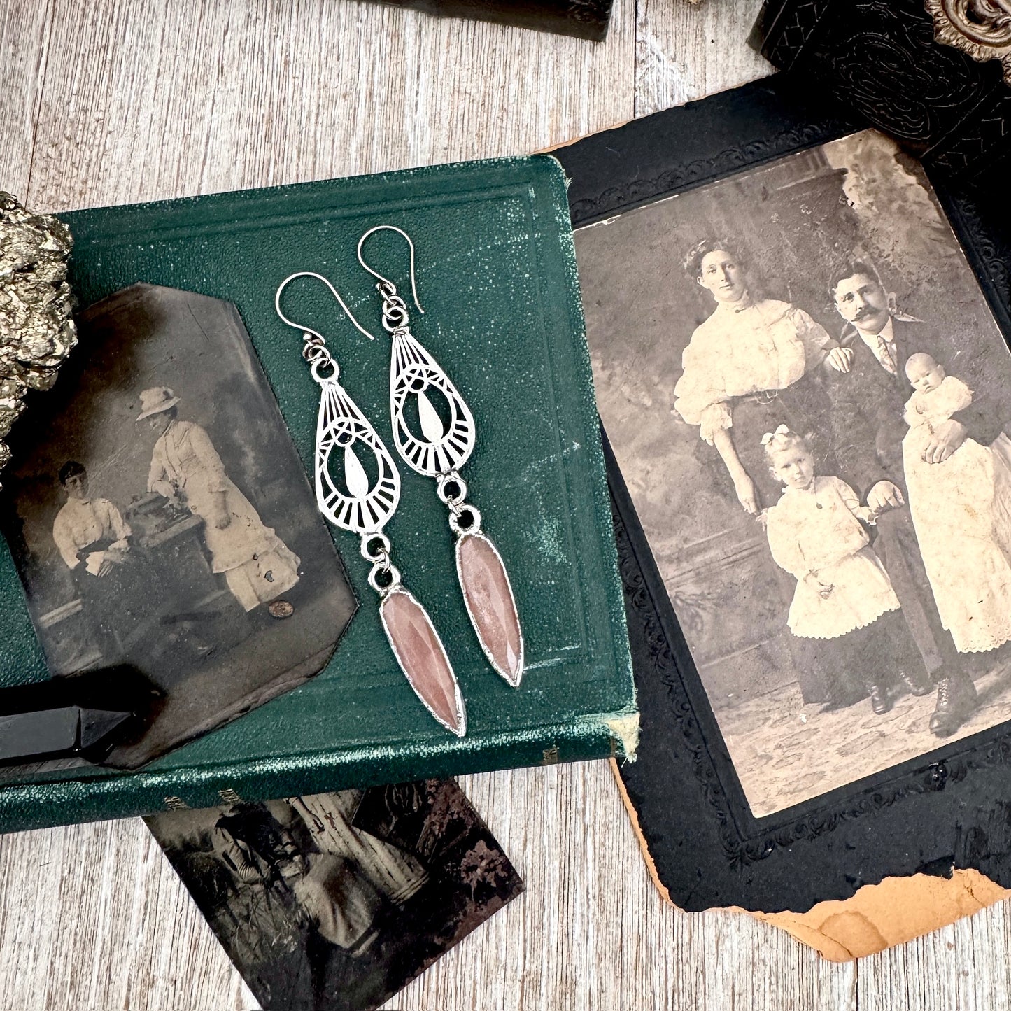 Peach Moonstone Fine Silver Crystal Dangle Earrings / Long Dangle Witchy Earrings FOXLARK