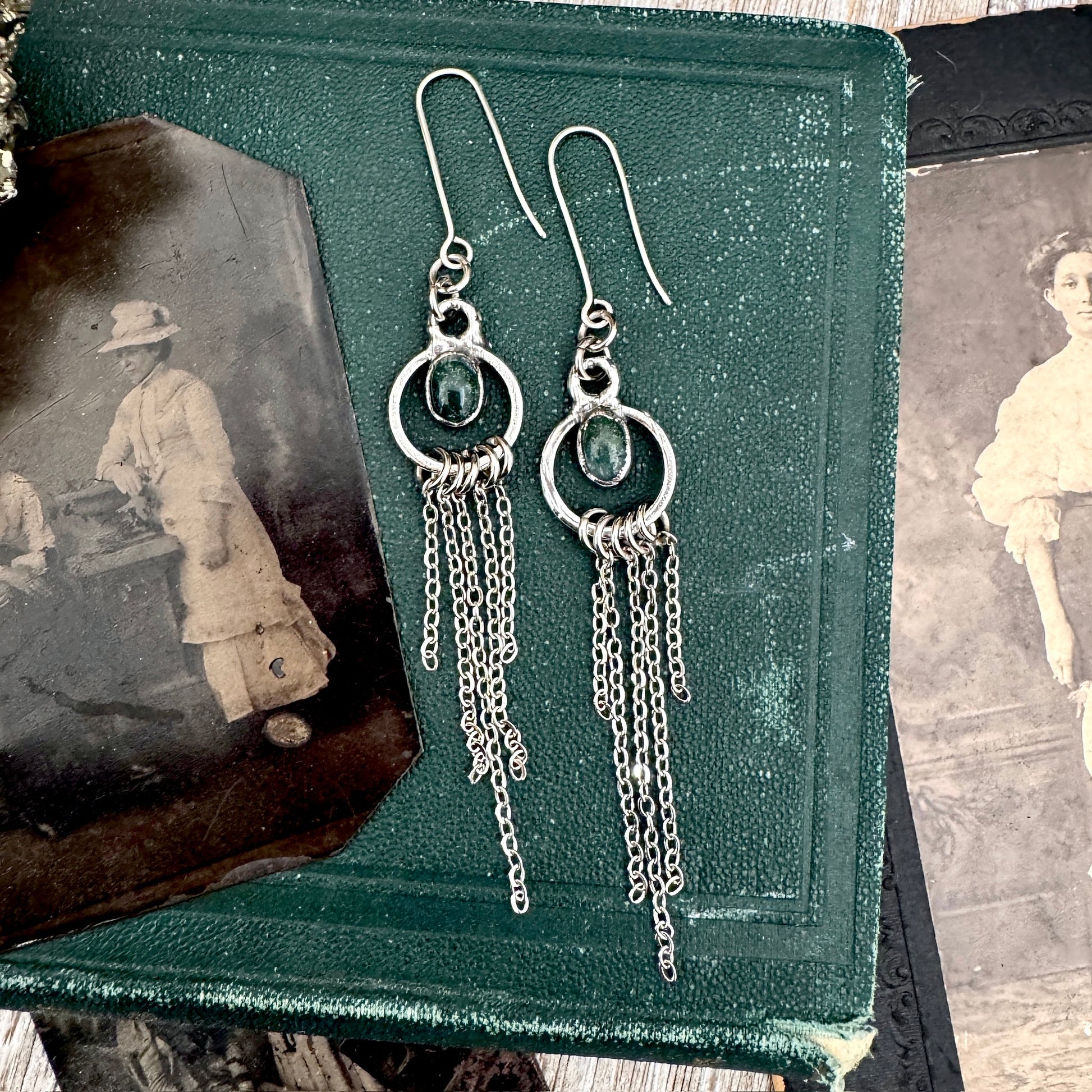 Moss Agate Fine Silver Crystal Hoop Fringe Earrings / Long Dangle Witchy Earrings FOXLARK