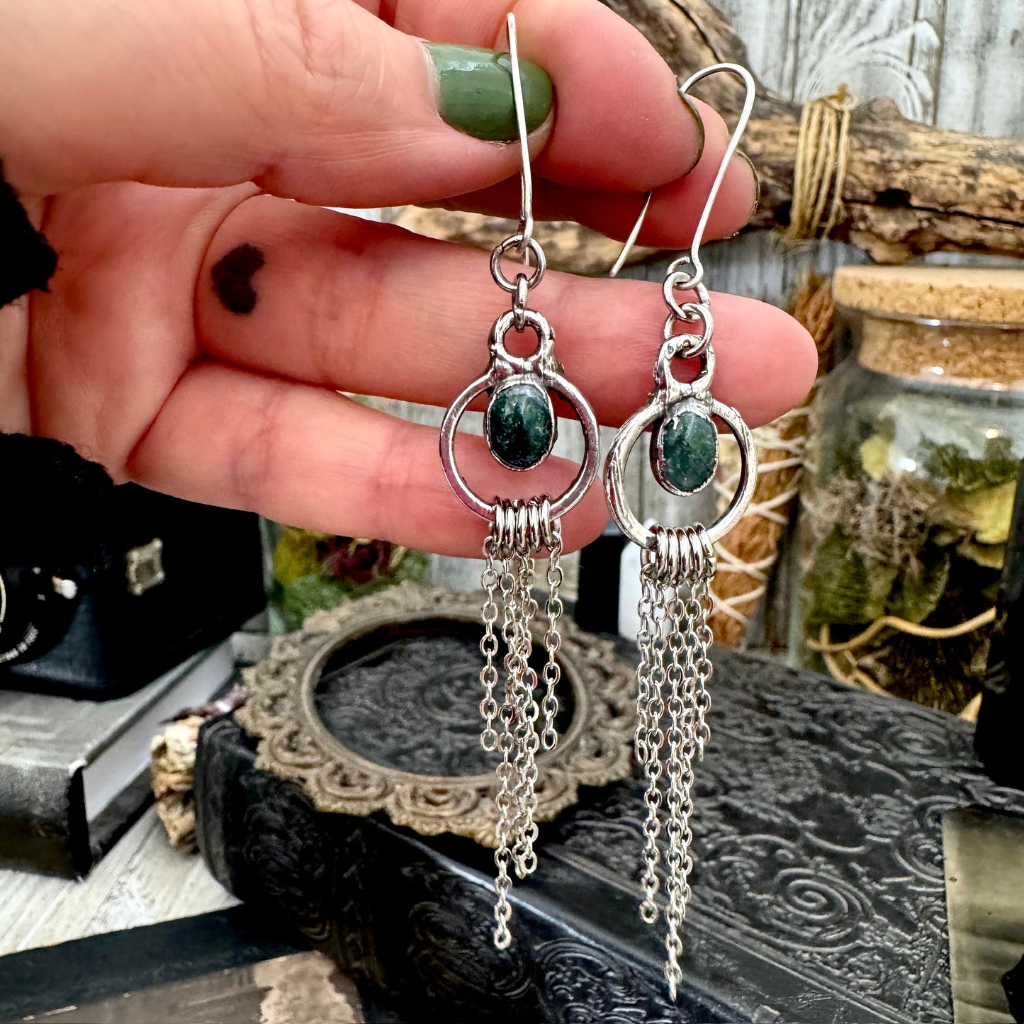 Moss Agate Fine Silver Crystal Hoop Fringe Earrings / Long Dangle Witchy Earrings FOXLARK