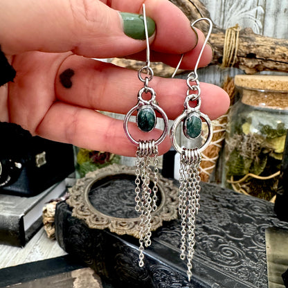 Moss Agate Fine Silver Crystal Hoop Fringe Earrings / Long Dangle Witchy Earrings FOXLARK