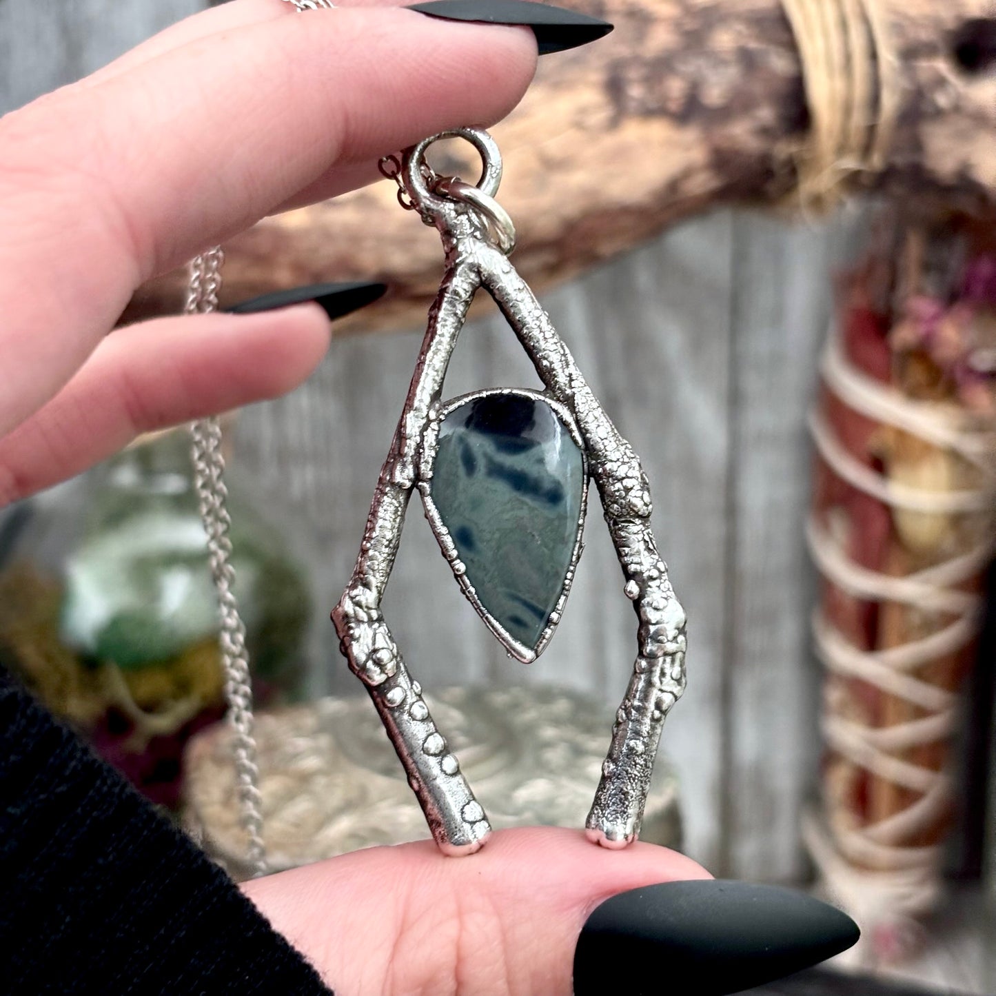Spiderweb Obsidian Crystal Necklace in Silver /Sticks & Stones Collection