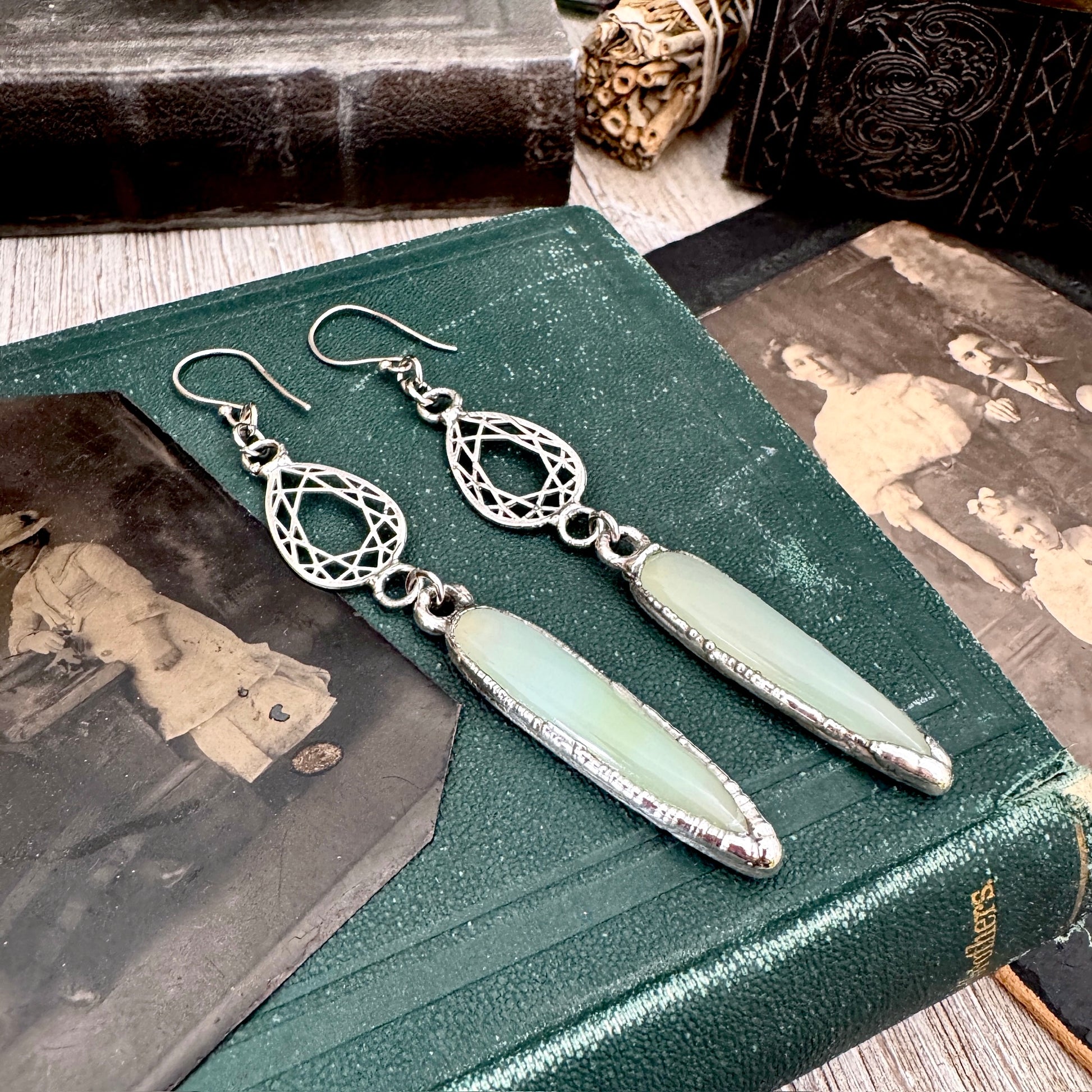 Blue Chalcedony Fine Silver Crystal Dangle Earrings / Long Dangle Witchy Earrings FOXLARK