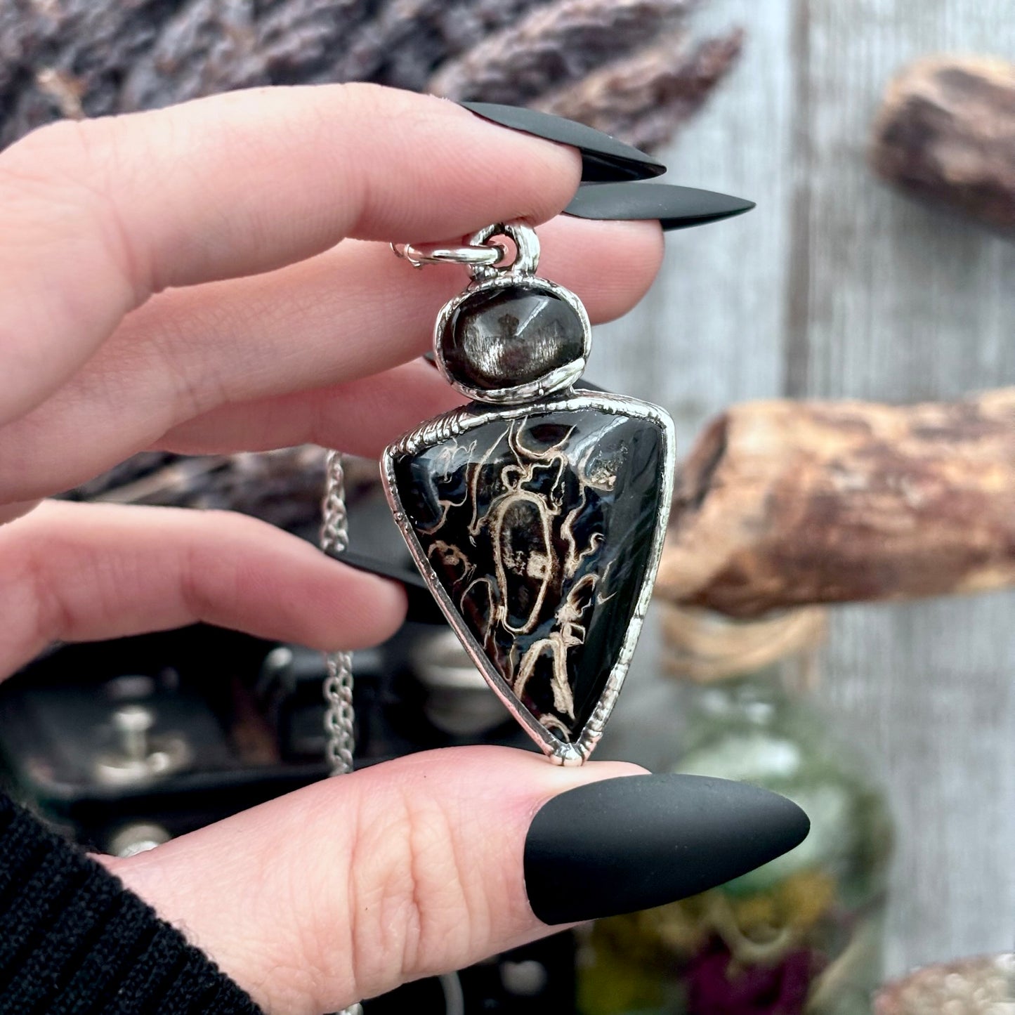 Multi Stone Black Star Sunstone Fossilized Palm Root Crystal Necklace Fine Silver / Foxlark Collection